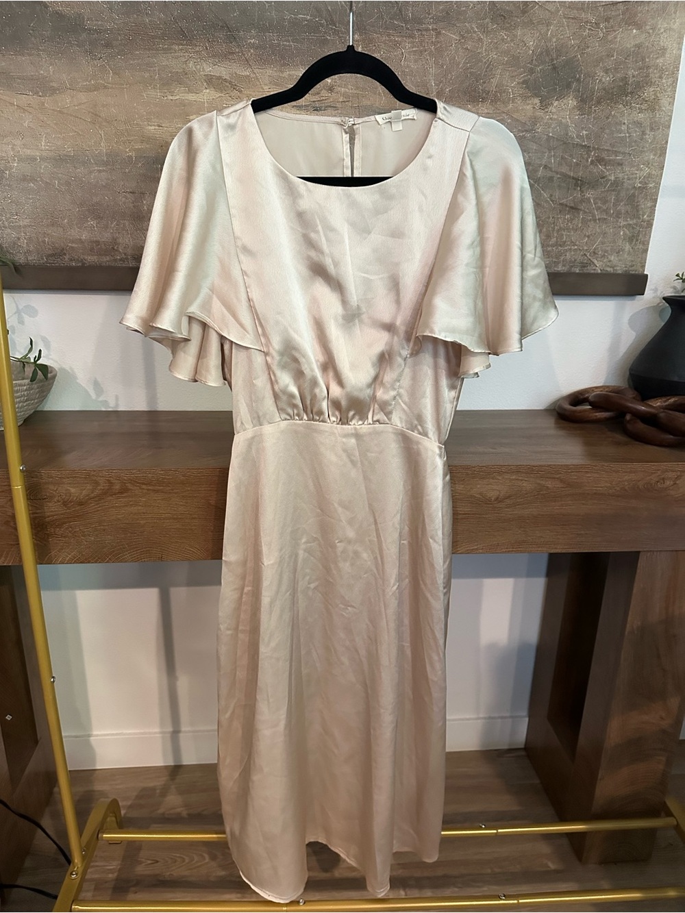 Shop Stevie cream satin midi dress with ruffle sleeves size XS $98 retail